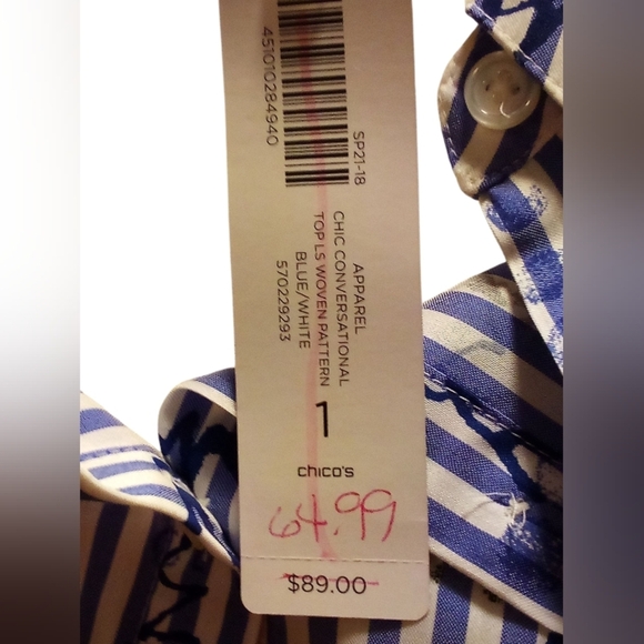 Chico’s - NWT- HI/Lo,  Long Sleeve Blue White Stripe Print Peplum Shirt, Size- 1 - Picture 8 of 13